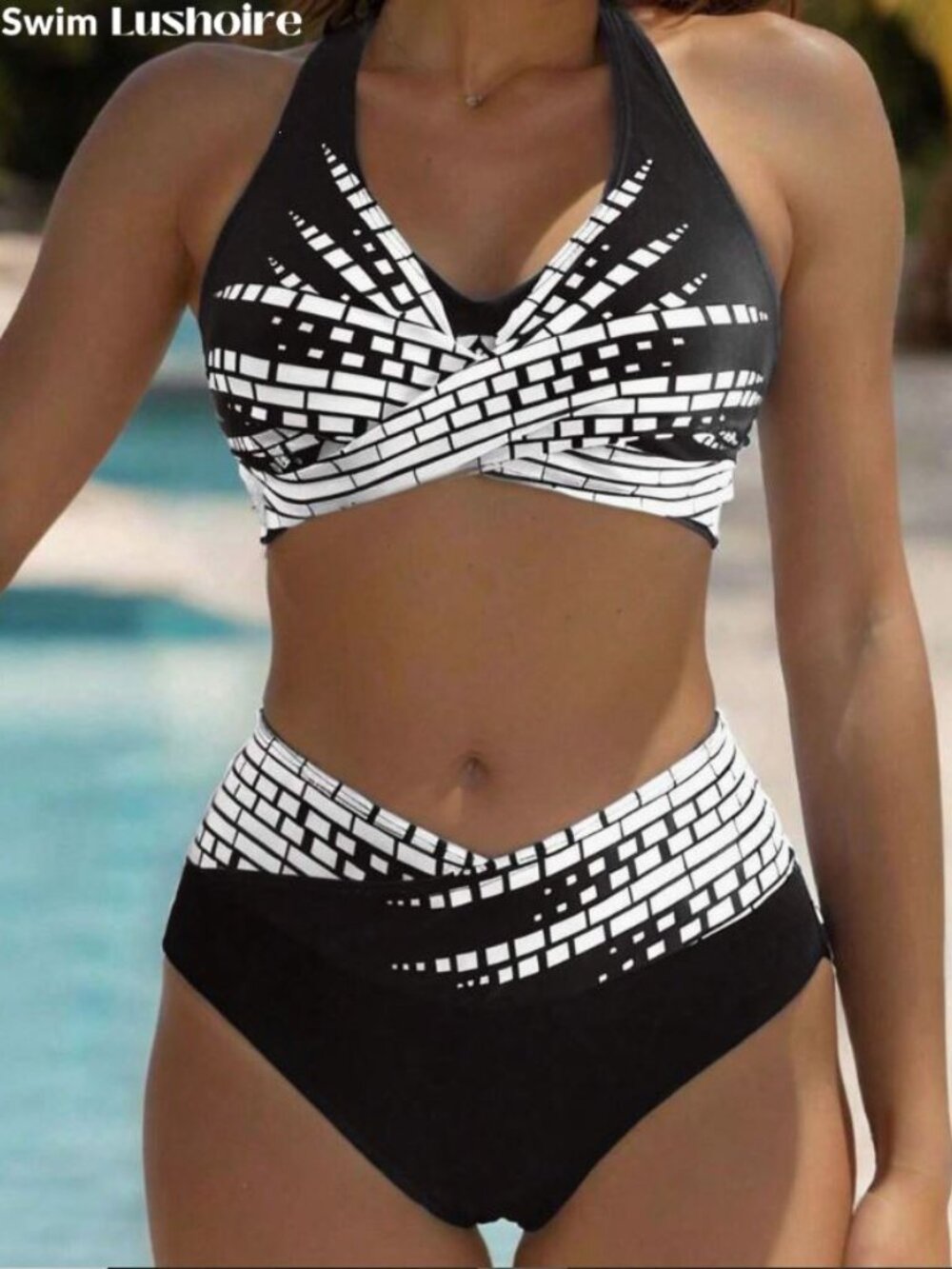 Black and White Patterned Swim Top